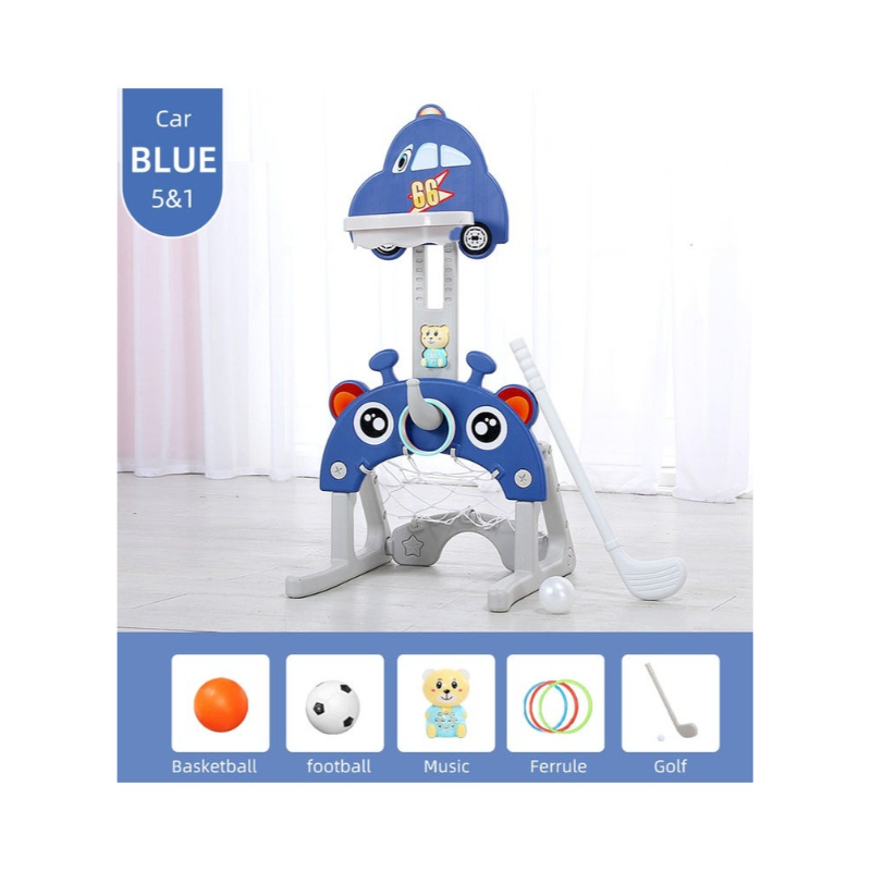FULL JOY-5 in 1 Multifunctional Basketball Hoop Set :Basketball, Soccer, Golf, Ring toss, Music ,Blue - Product Main Image
