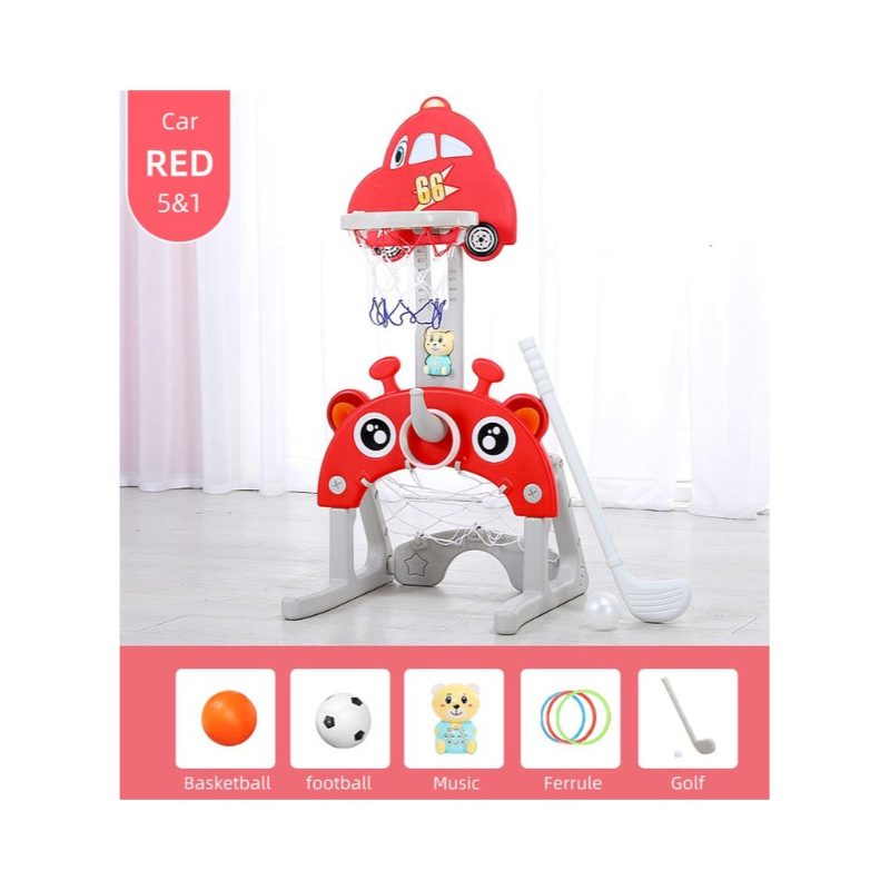 FULL JOY-5 in 1 Basketball Hoop Set :Basketball, Soccer, Golf, Ring toss, Music ,Red - Product Main Image