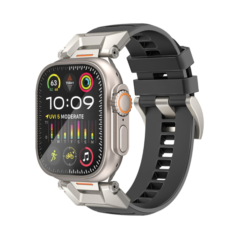 Adjustable Apple Watch Band with High-Grade SUS 304 Stainless-Steel Connectors and Buckle, Scratch-Resistant Rubber Strap, Universal Compatibility, Multi-Hole Strap and Corrosion, SilicaBand-Pro Black - Product Main Image